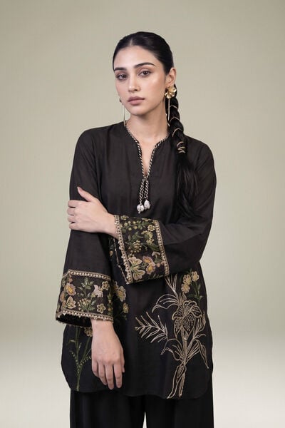 Embroidered | Raw Silk | Black V-Neck Kurta | GBP 50.00