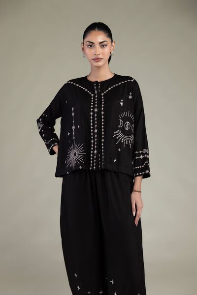 Embroidered | Viscose Crepe | Black Round-Neck Shirt | GBP 30.00