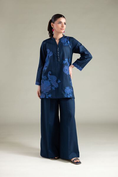 Embroidered | Cotton Dobby | Solid Wide-Leg Pants | GBP 20.00