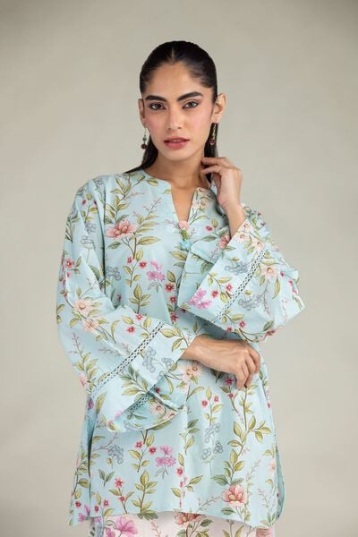 Printed | Cotton Viscose | Blue V-Neck Kurta | GBP 25.00
