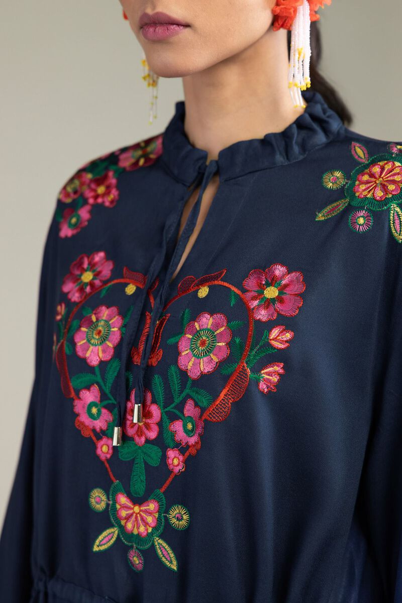 Embroidered | Viscose Crepe | Floral Navy Tunic | GBP 30.00