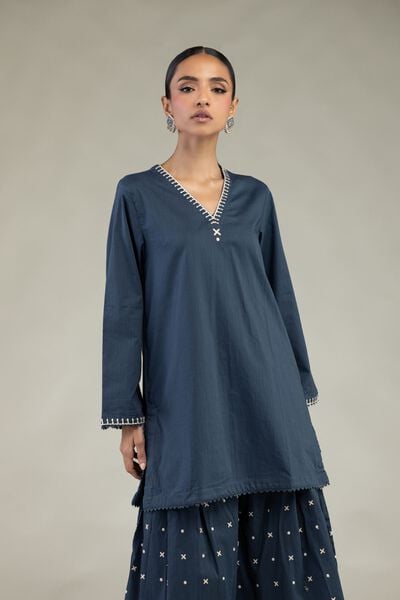 Textured Cotton | Embroidered | Long V-Neck Kurta | GBP 25.00