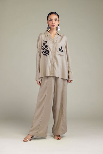 Embroidered | Viscose Crepe | Solid Beige Trousers | GBP 20.00