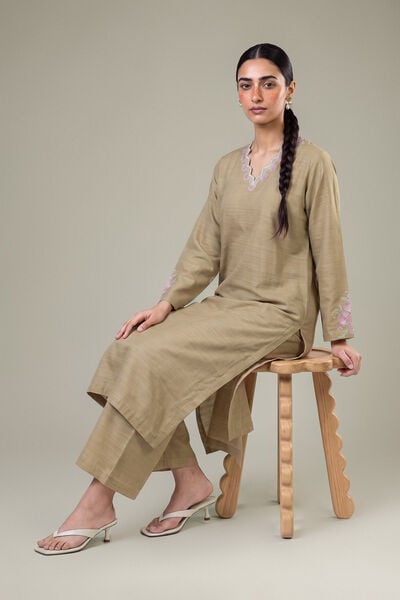 Embroidered | Light Khaddar | Longline Beige Kurta | GBP 30.00
