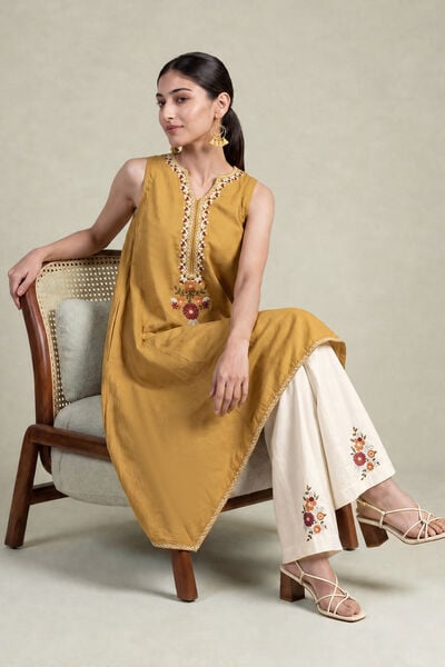 Embroidered | Cambric | Mustard Sleeveless Kurta | GBP 35.00