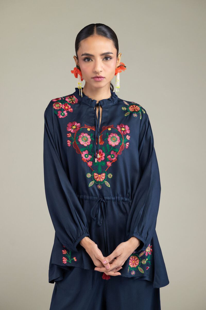 Embroidered | Viscose Crepe | Floral Navy Tunic | GBP 30.00
