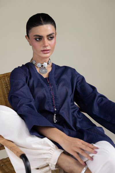 Dyed | Cotton Dobby | Navy V-Neck Kurta | GBP 30.00