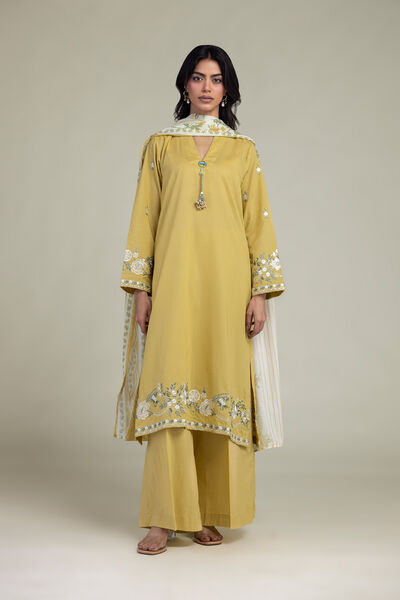 Embroidered | Cambric | Solid Mustard Pants | GBP 25.00