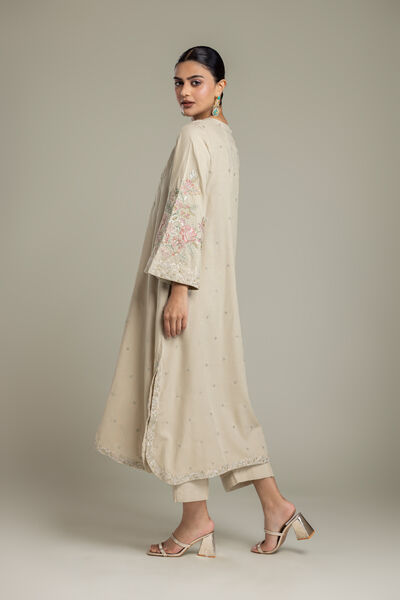 Embroidered | Raw Silk | Beige Solid Pants | GBP 30.00