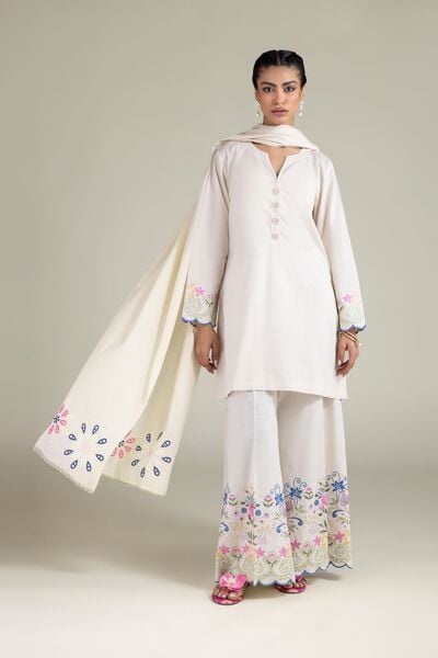 Embroidered | Textured Cotton | Floral Wide-Leg Pants | GBP 30.00