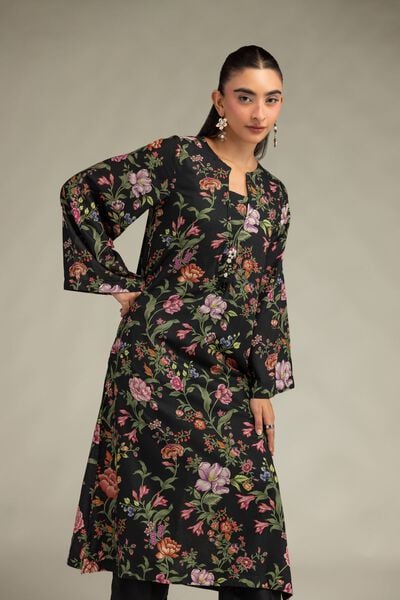 Printed | Raw Silk | Black Floral Kurta | GBP 35.00