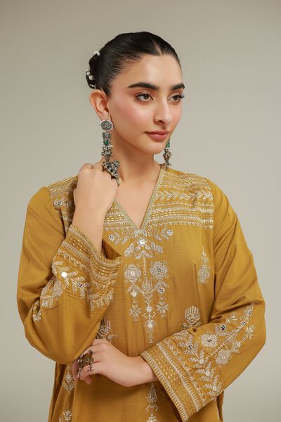 Embroidered | Raw Silk | Geometric V-Neck Kurta | GBP 40.00