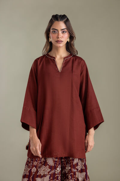 Printed | Light Khaddar | Maroon V-Neck Kurta | GBP 30.00