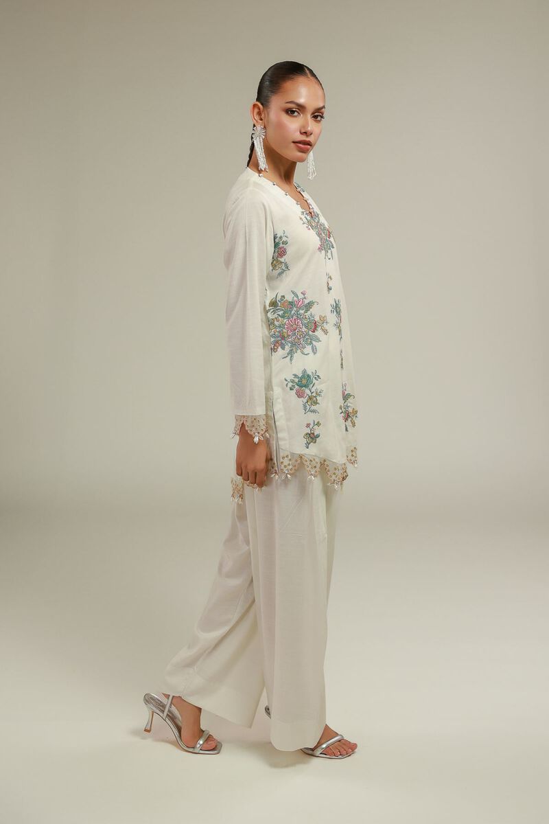 Embroidered | Raw Silk | Floral V-Neck Kurta | GBP 55.00