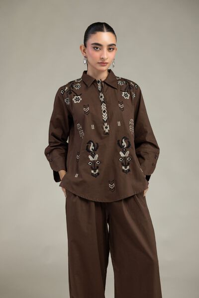 Embroidered | Textured Cotton | Brown Cotton Shirt | GBP 21.00