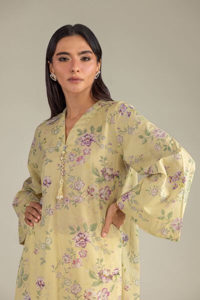 Printed | Cambric | Yellow V-Neck Kurta | GBP 30.00