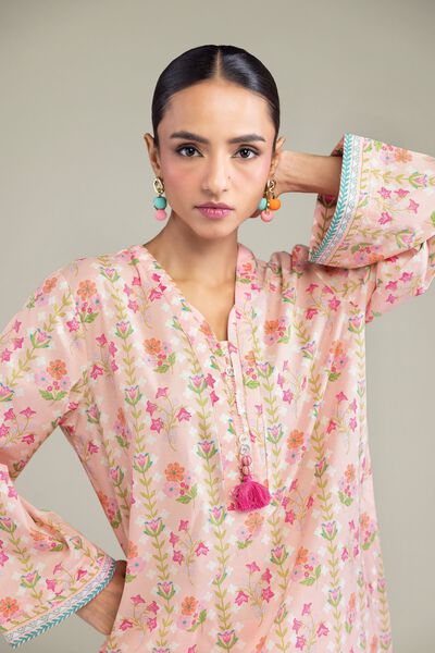 Printed | Cambric | Peach Cambric Kurta | GBP 10.00
