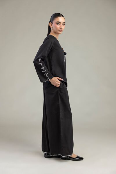 Embroidered | Textured Cotton | Black Cotton Trousers | GBP 14.00