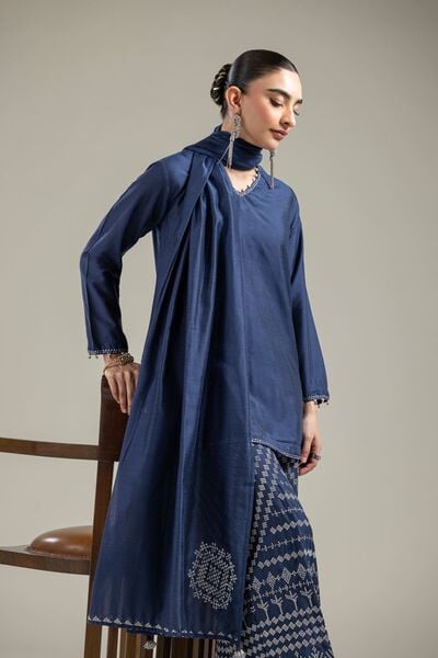 Raw Silk | Navy V-Neck Kurta | GBP 35.00