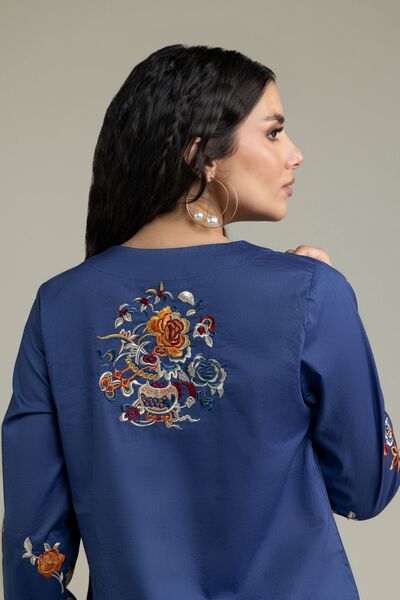 Embroidered | Cambric | Blue V-Neck Kurta | GBP 17.50