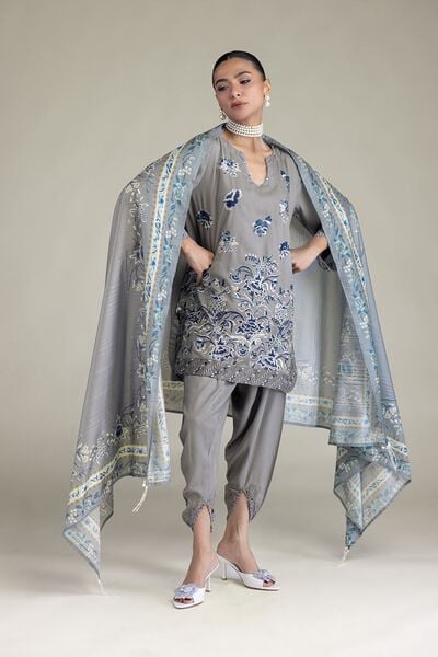 Embroidered | Raw Silk | Gray Floral Pants | GBP 20.00