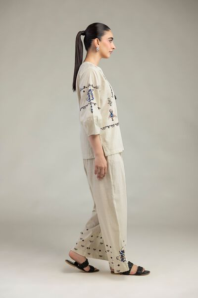 Embroidered | Textured Cotton | Floral Cotton Trousers | GBP 14.00