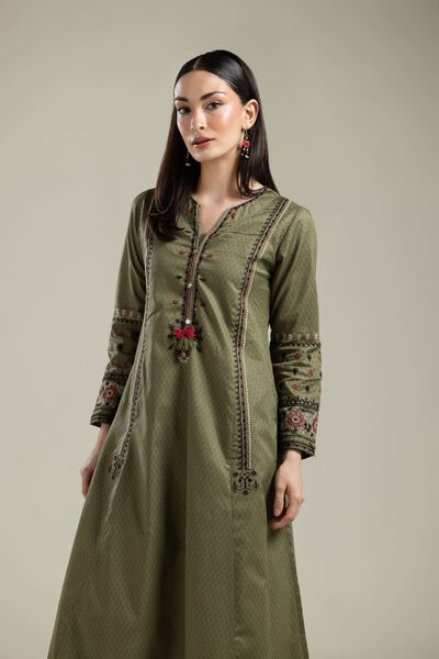 Embroidered |Cotton Dobby | Olive Floral Kurta | GBP 30.00