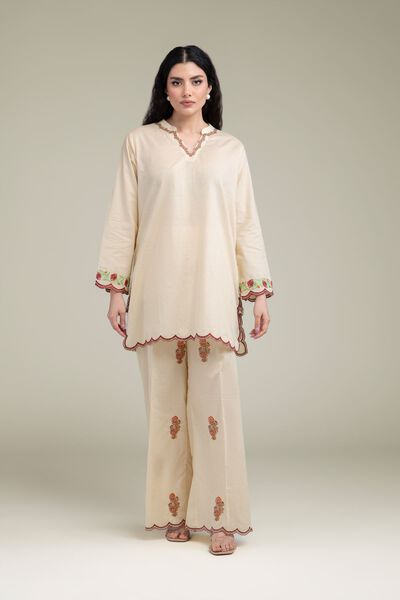 Embroidered | Cotton Dobby | Beige Cotton Pants | GBP 35.00