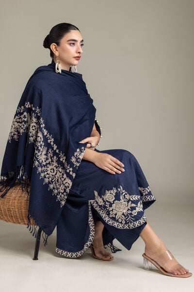 Embroidered | Raw Silk | Navy Floral Shawl | GBP 35.00