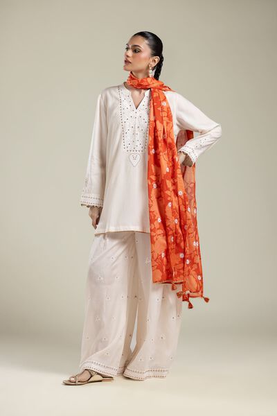 Embroidered | Textured Weave | White Solid Pants | GBP 35.00