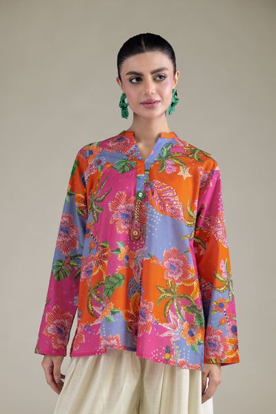 Embroidered | Cambric | Short Band-Collar Shirt | GBP 25.00