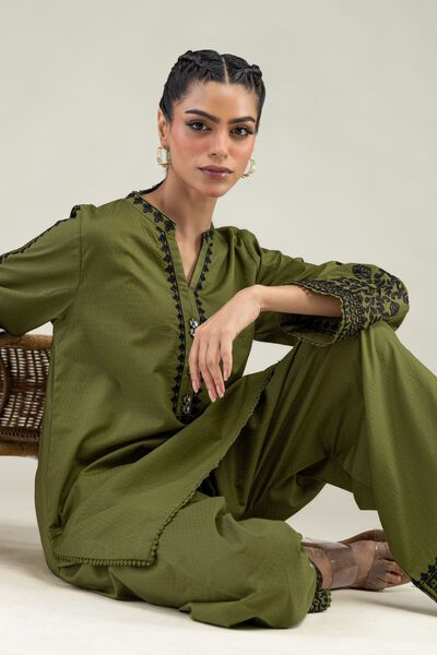 Embroidered | Cotton Dobby | Cotton Olive Kurta | GBP 40.00