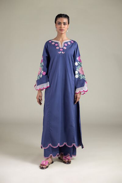 Embroidered | Textured Cotton | Relaxed Scallloped Pants | GBP 25.00