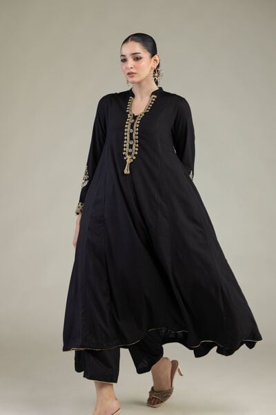 Embroidered | Raw Silk | Black Longline Kurta | GBP 45.00