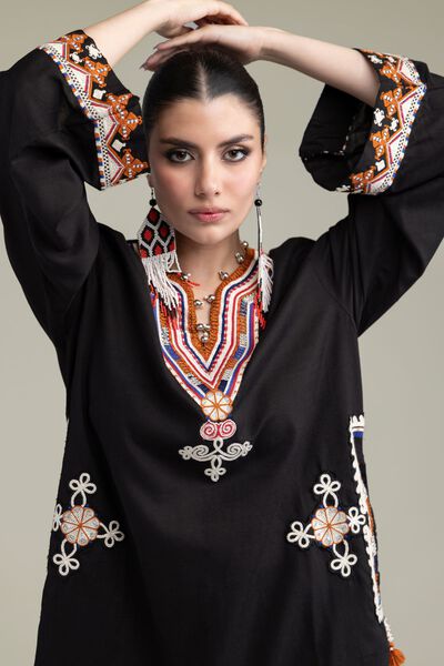 Embroidered | Raw Silk | Black Longline Kurta | GBP 35.00