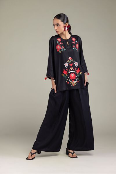 Embroidered | Viscose Crepe | Black Viscose Trousers | GBP 20.00