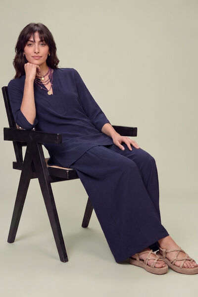 Dyed | Textured Georgette | V-Neck Navy Tunic | GBP 35.00