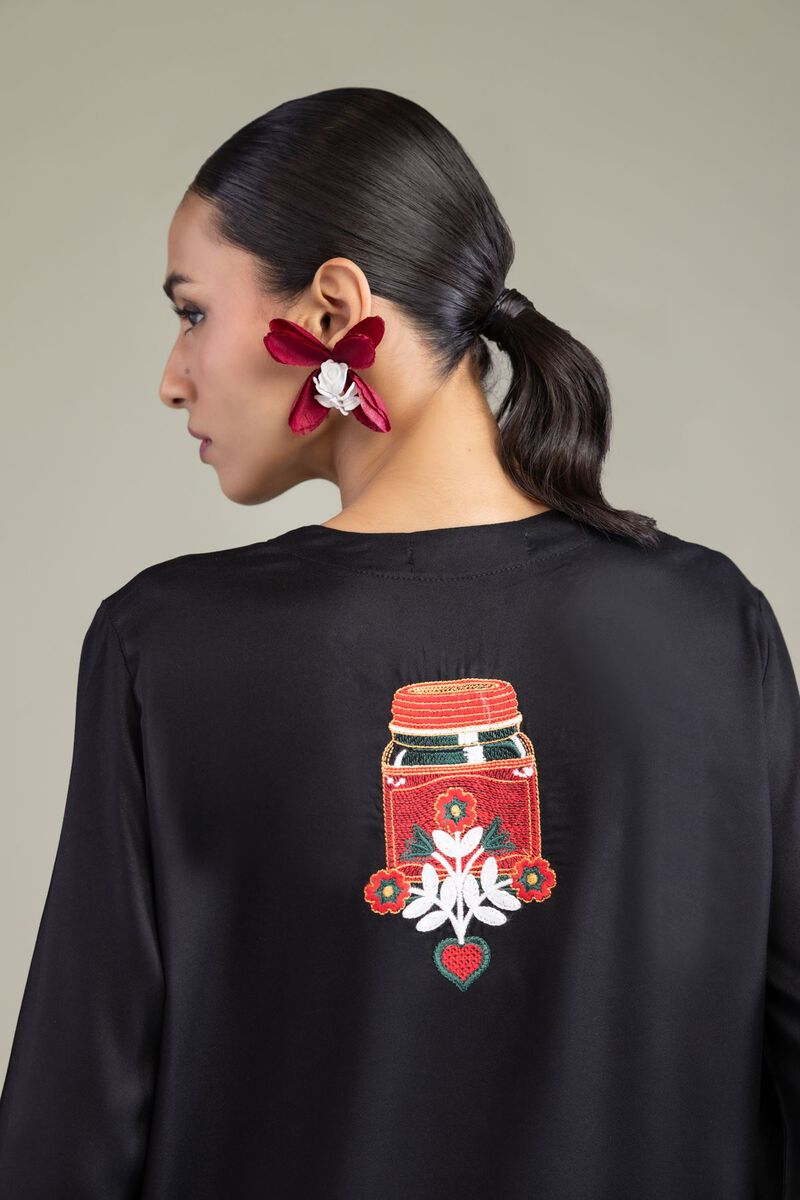 Embroidered | Viscose Crepe | Black Round-Neck Tunic | GBP 30.00