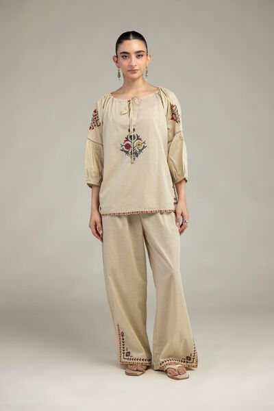 Embroidered | Textured Cotton | Floral Beige Trousers | GBP 14.00