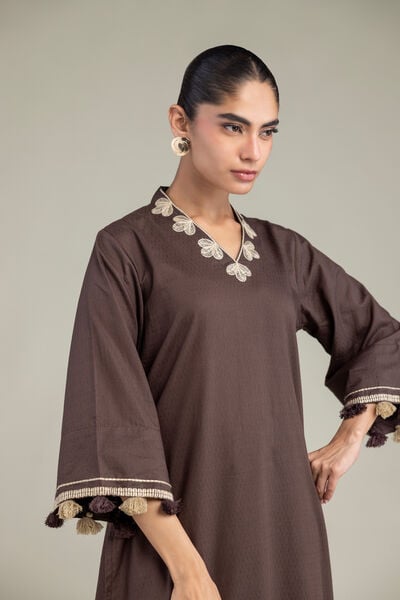 Embroidered | Cotton Dobby | Brown V-Neck Kurta | GBP 35.00