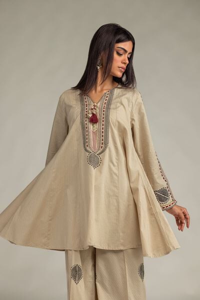 Embroidered | Cotton Dobby | Beige Cotton Kurta | GBP 35.00