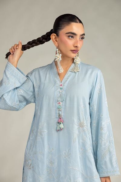 Embroidered | Raw Silk | Blue Floral Kurta | GBP 50.00
