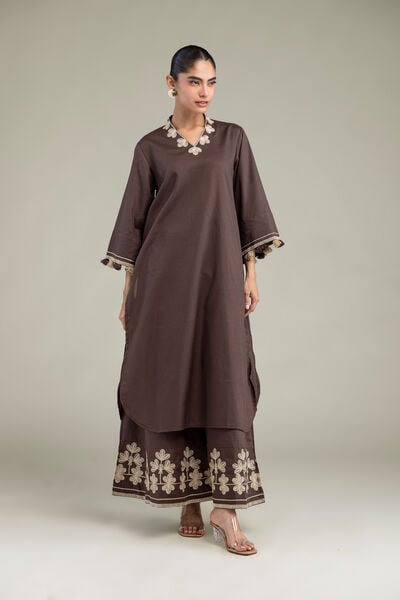 Embroidered | Cotton Dobby | Brown V-Neck Kurta | GBP 35.00