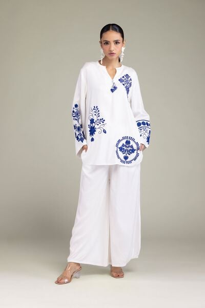 Embroidered | Viscose Crepe | White Viscose Trousers | GBP 20.00
