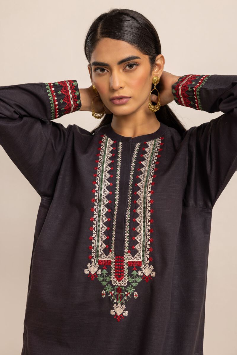 Kurta | Embroidered, BLACK, hi-res image number null
