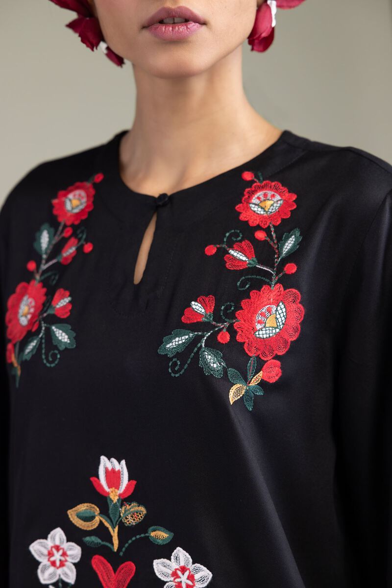 Embroidered | Viscose Crepe | Black Round-Neck Tunic | GBP 30.00