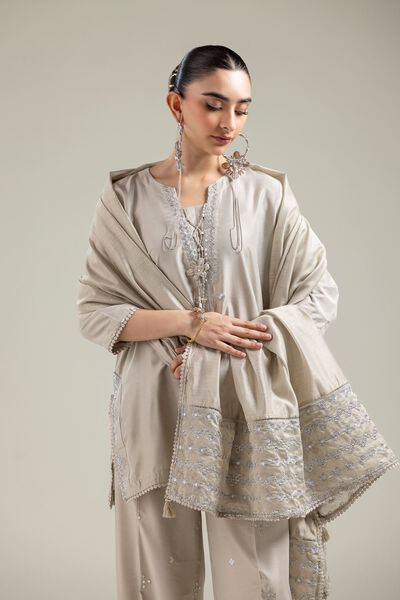 Cotton Net | Geometric Beige Dupatta | GBP 30.00