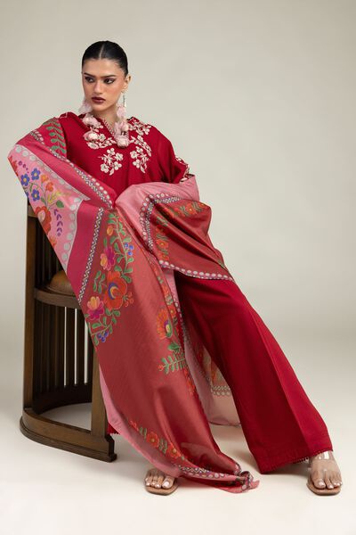 Embroidered | Polyester Silk | Red Floral Dupatta | GBP 20.00