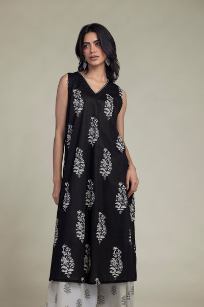 Printed | Cambric | Black Sleeveless Kurta | GBP 30.00