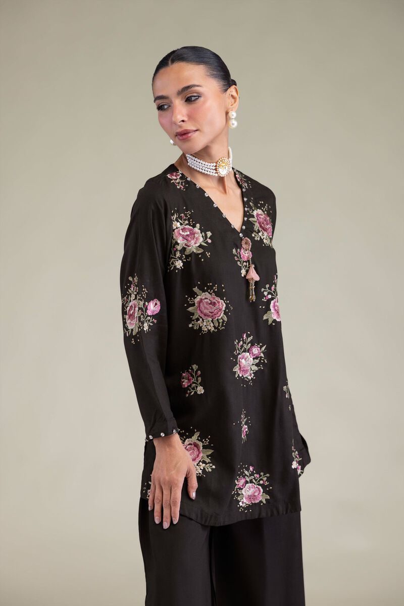 Embroidered | Raw Silk | Black Floral Kurta | GBP 40.00